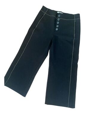 Anthropologie Black Cropped Wide Leg Pants Contrast Stitch Button Front 12